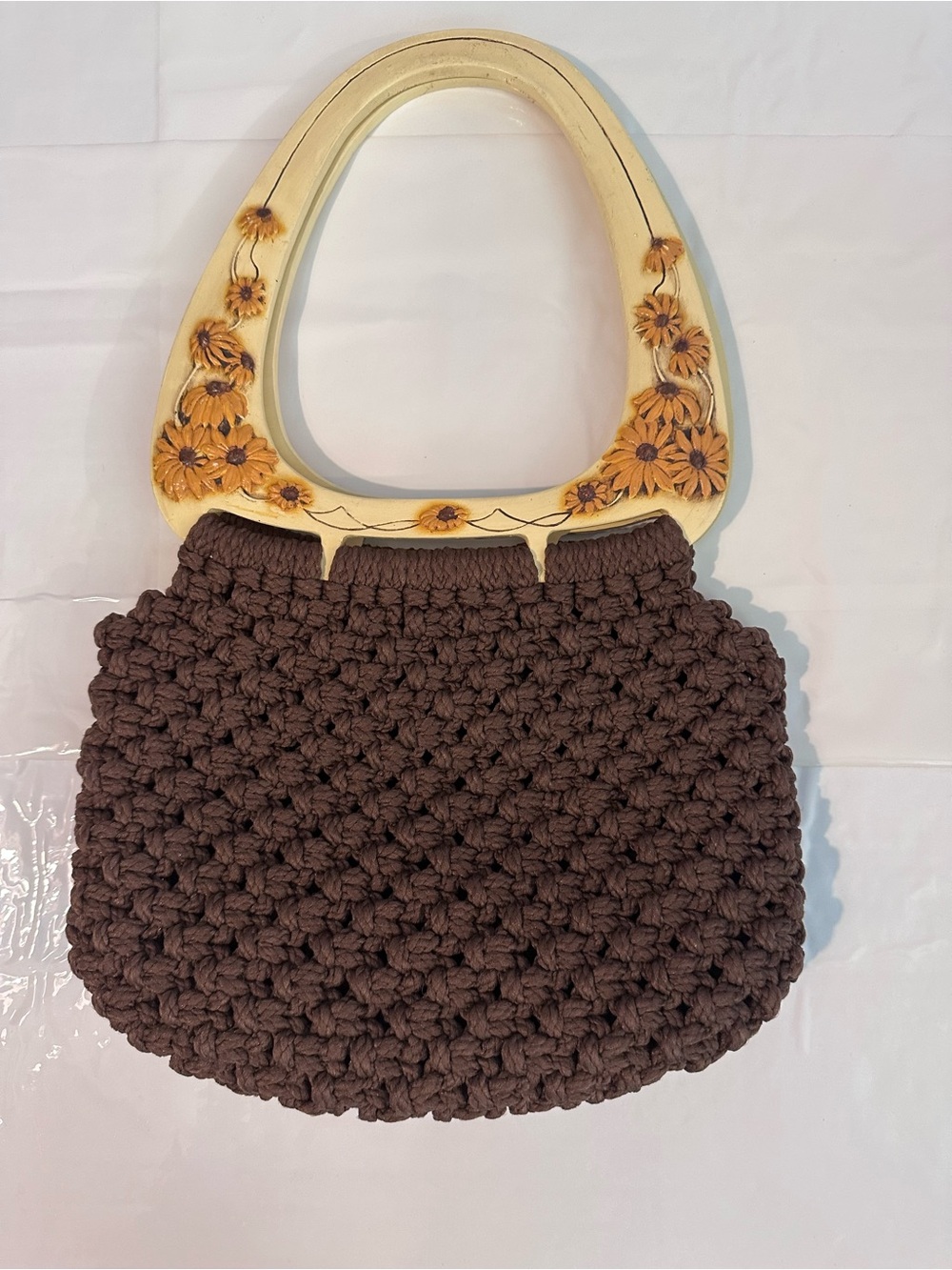 Handmade Brown Crochet Tote with Floral Wooden Handles